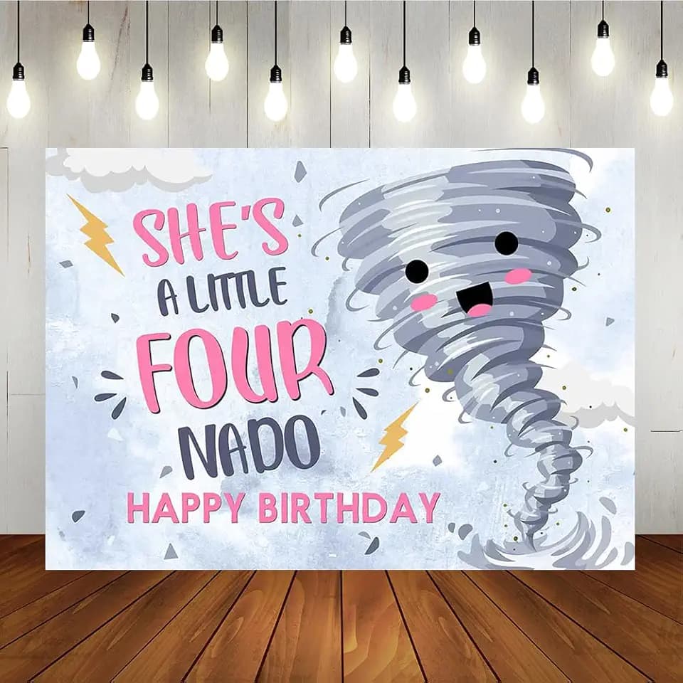 Lofaris Fournado Theme Party for Girls Birthday Backdrop Happy 4th Birthday Background Pink Watercolor Nado Princess 4 Year Old Party Banner Cake Table Supplies 7x5ft