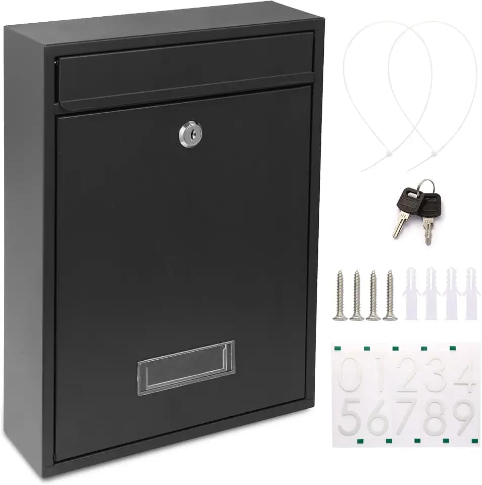 Mailboxes for Outside, Wall Mount Locking Mailbox, Security Mailbox with Lock Key and Three Sets 0-9 Mail Box Numbers, Large Capacity Steel Cover Metal Postbox for Outdoor, 13.8X 10.8X 3.25 Inch Black