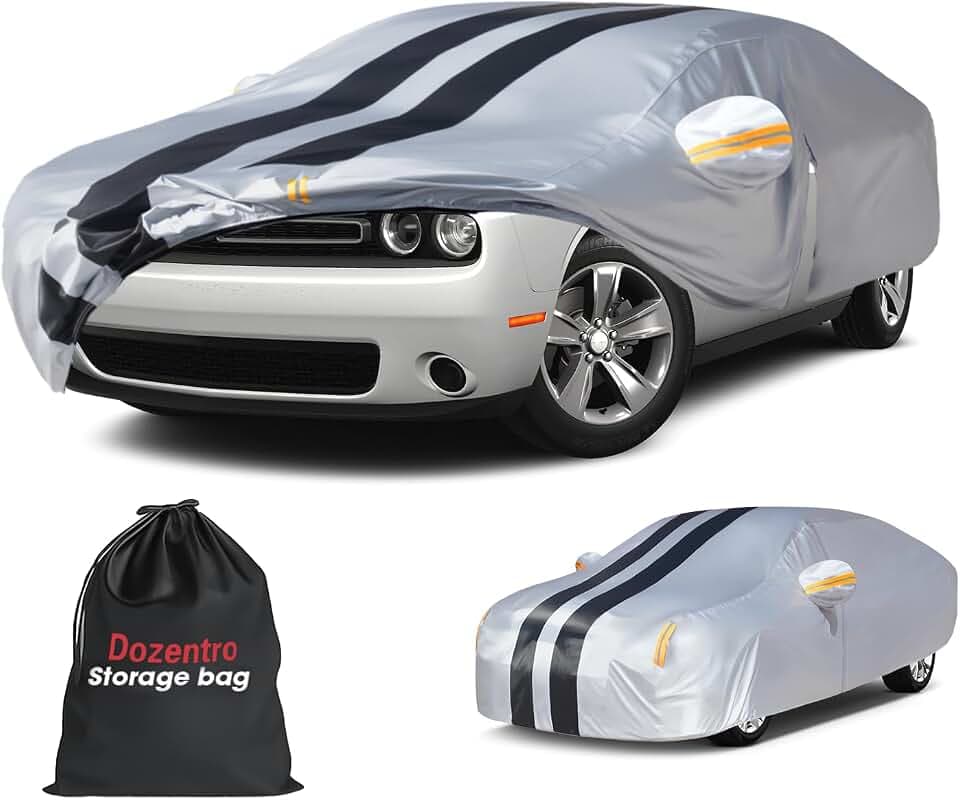 Multi-Layer Car Cover Custom Fit for Dodge Challenger Standard(2011-2023), 100% Waterproof All Weather for Automobiles, Gift with Towel, Heavy Duty Car Covers for Rain Sun UV Protect with Door Zipper