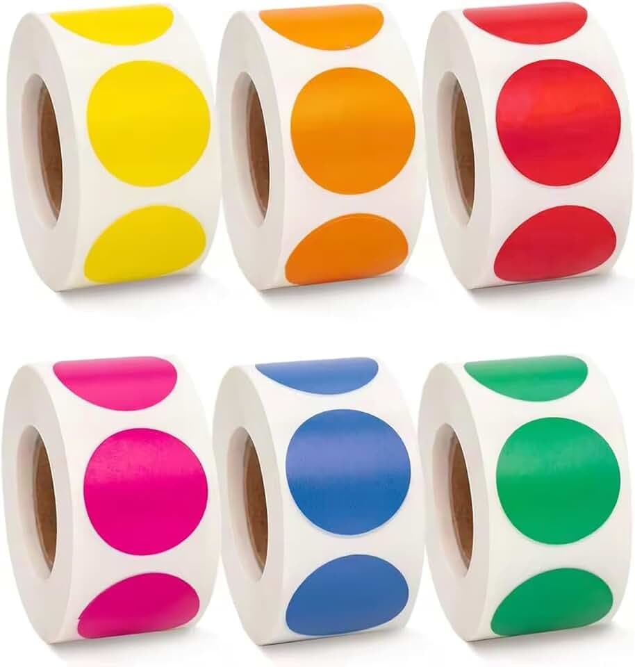 3000 Stück Klebepunkte Bunt, 25 mm Runde Punkte Aufkleber,6 Farben Punktaufkleber,Kleine Etiketten Markierungspunkte Sticker für Geschenk, DIY,Markieren, Kategorisieren,Wochenplaner(6 Rollen)