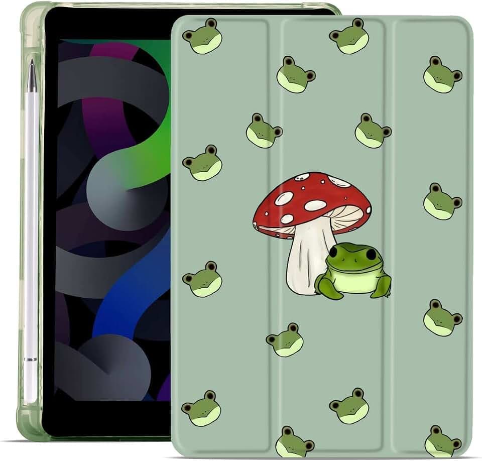 Cartoon Frosch und Pilz iPad Air 4 (iPad 10 Zoll 2020) Hülle mit Stifthalter, unterstützt automatische Sleep/Wake, weiche TPU-Rückseite Schutzhülle für Mädchen, Frauen, Männer