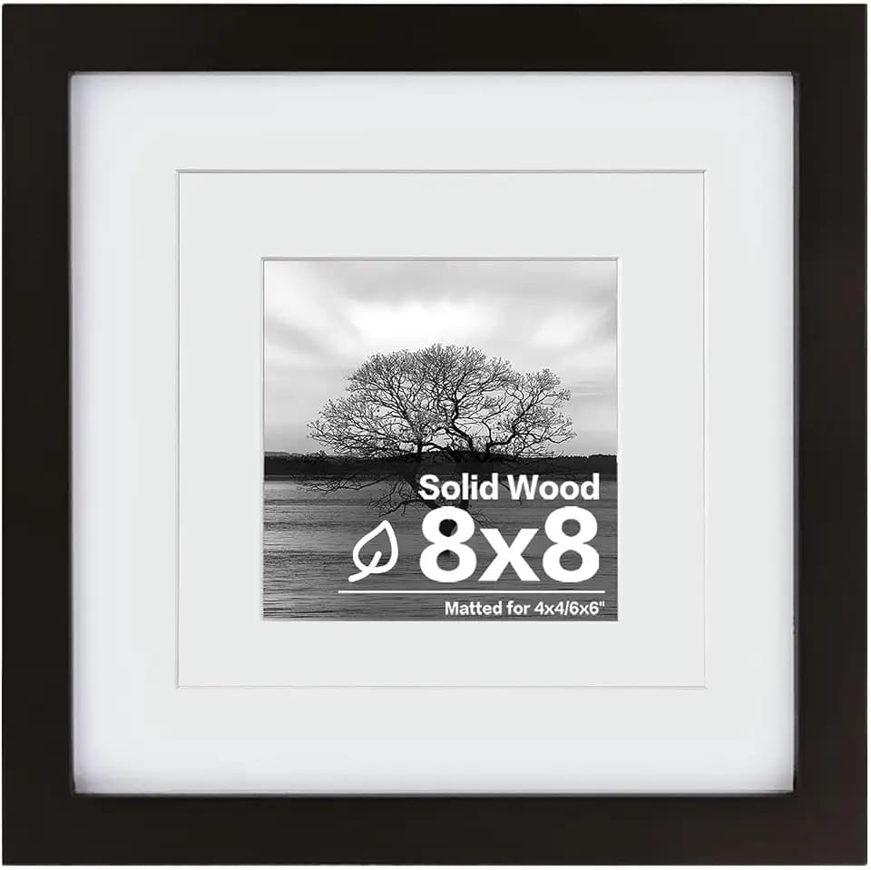 Egofine 8x8 Picture Frame Made of Solid Wood with Plexiglass, Display Pictures 4x4/6x6 with Mat or 8x8 Without Mat for Tabletop and Wall Mounting, Black