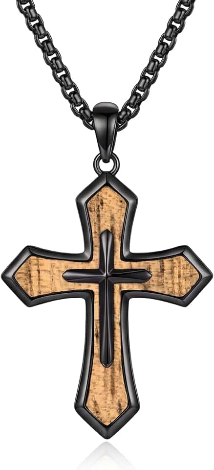 AiliFe Mens Cross Necklace - Wooden Cross Necklace For Men Stainless Steel Jewelry Gifts for Husband Father Son Brother Birthday 22" Chain