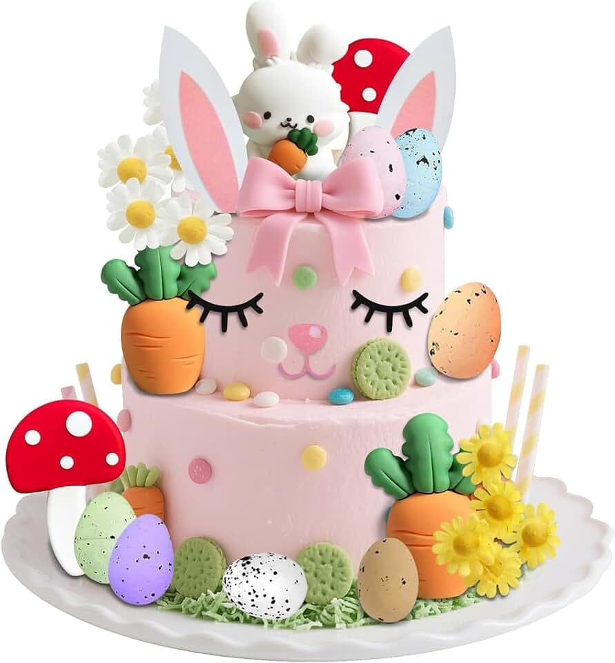 17Stk Eierfest-Kuchen-Zubehör, Hasen-Birthday-Kuchen-Zierungen, Eierfest-Party-Deko, Tiermotiv, Jungen-Frauen-Partys, Pilze, Rüben, Blumen, Osterhasen, Hasenpuppen