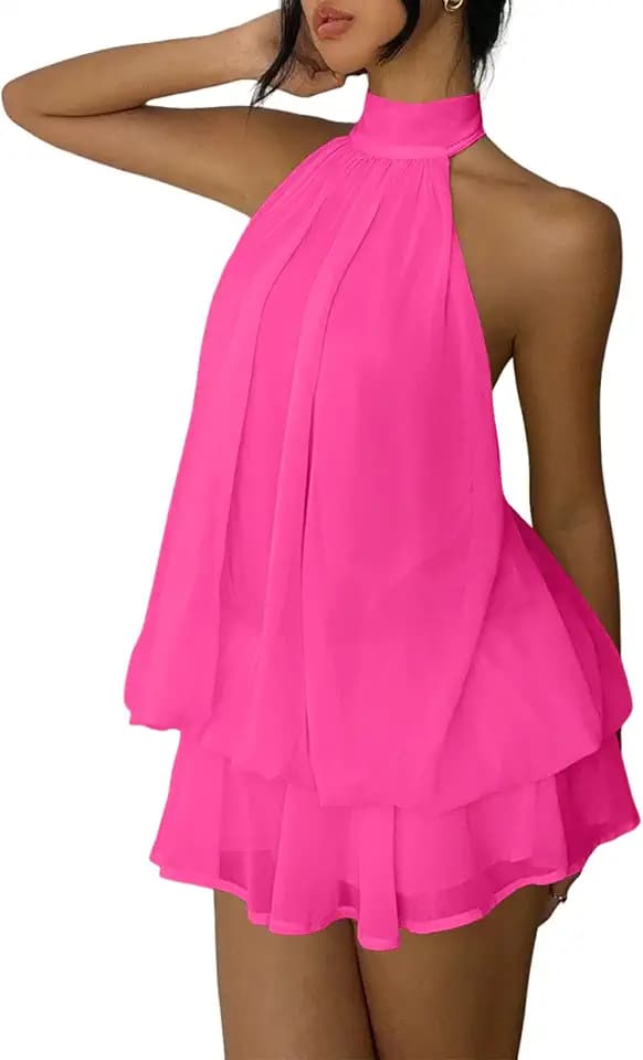 Women's Chiffon Halter Drop Waist Mini Dress Wedding Guest Dresses Ruffle Formal Holiday Club Brunch Outfits