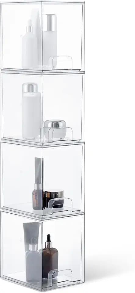 Amazon Basics Stackable Plastic Storage Makeup Organizer Drawers, Clear, 6.0" x 7.4" x 7.7", 4 Pack