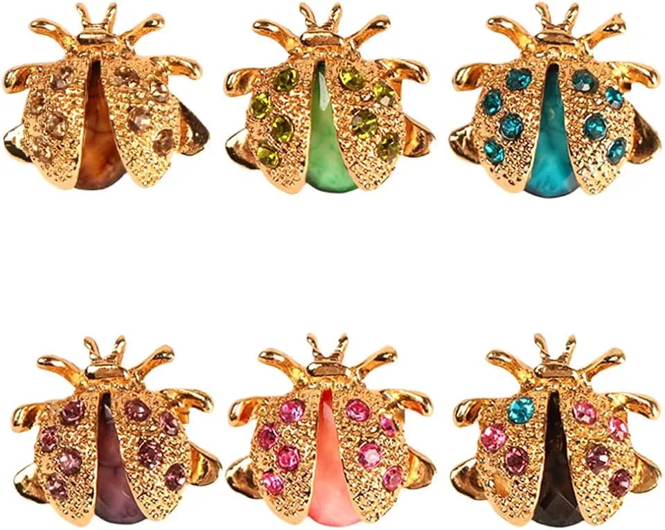 6 PCS Charming Ladybug Brooches – Colorful Rhinestone & Golden Alloy Insect Pins for Clothing, Bags, and Accessories