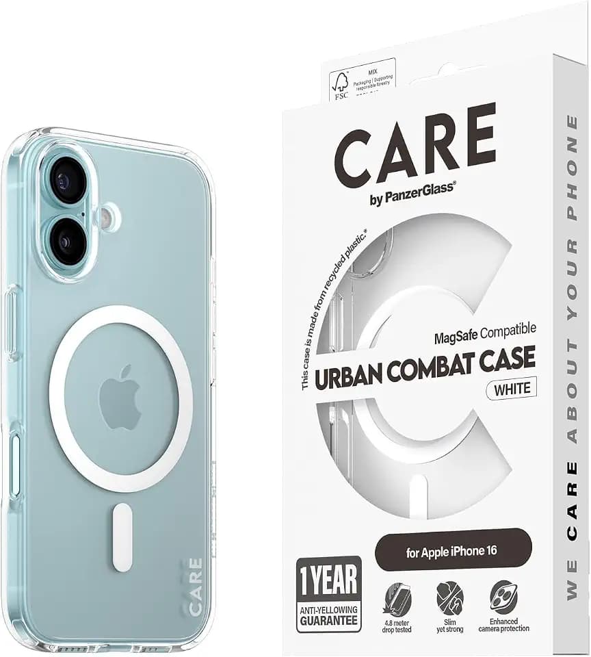 Urban Combat MagSafe-Handyhülle für Apple iPhone 16 Weiß, sturzgetestet aus 4,8m, recyceltes Plastik, Anti-Vergilbungs-Garantie, verbesserter Kameraschutz