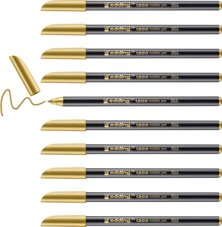 edding 1200 metallic Fasermaler - gold - 10 Stifte - Rundspitze 1-3 mm - zum Malen, Schreiben und Zeichnen mit glänzendem Metalliceffekt - für Gästebücher, Grußkarten, Fotoalben, Scrapbook