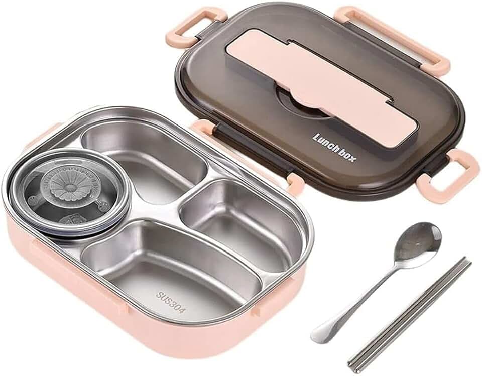Edelstahl Lunchbox 1.5L, Bento Box Erwachsene 12h Warmhalte, freie Brotdose mit 4 Fächern, Auslaufsichere Meal Prep Box inkl. Suppenschüssel & Besteckset für Schule/Büro/Fitness