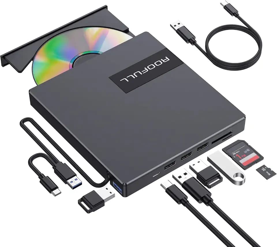 ROOFULL External CD DVD Drive with 4 USB Ports & 2 SD/TF Card Slot (8 in 1)
