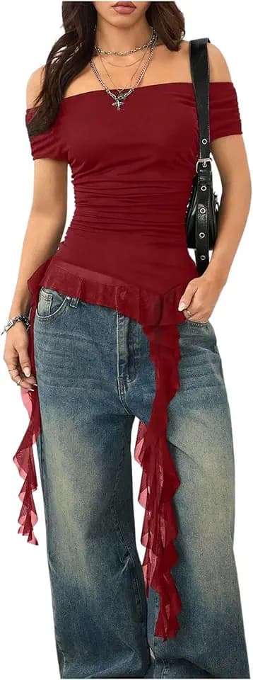 SweatyRocks Women's Off The Shoulder Asymmetrical Top Y2k T Shirts
