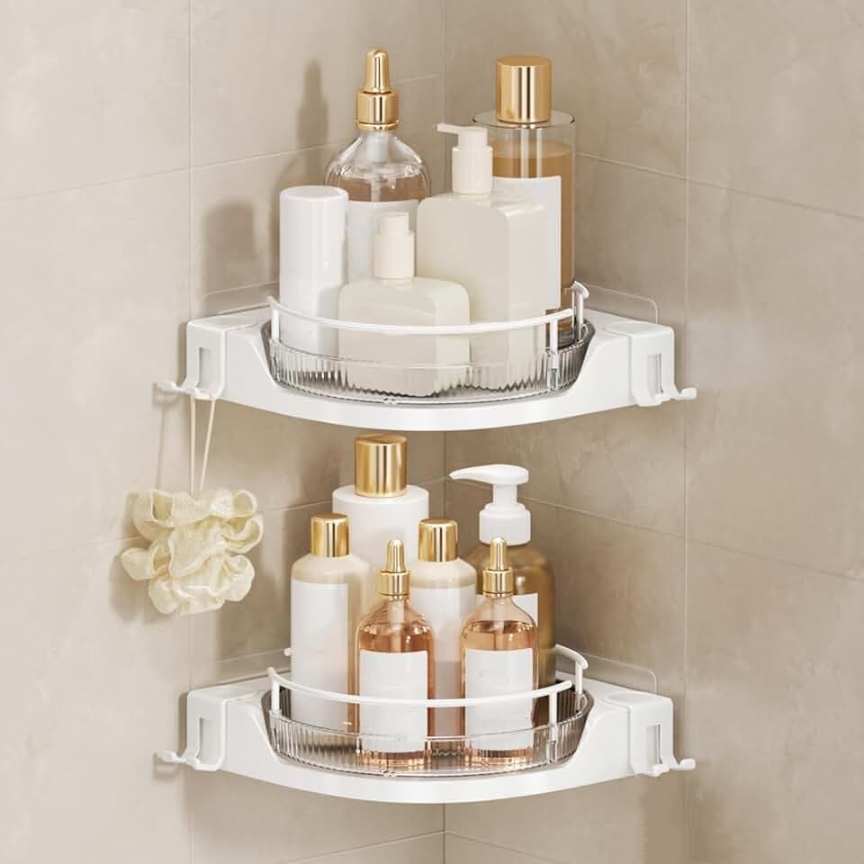 360°Rotating Corner Shower Caddy, No-Drill Adhesive Shelf with Hook