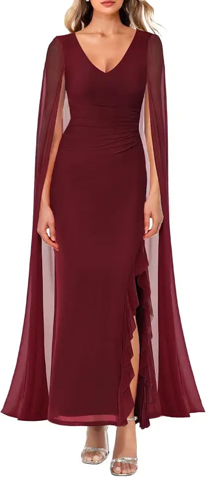 MAYFASEY Women's V Neck Flowy Long Sleeve Split Formal Dress Mesh Ruched Cocktail Evening Party Prom Long Dresses with Cape