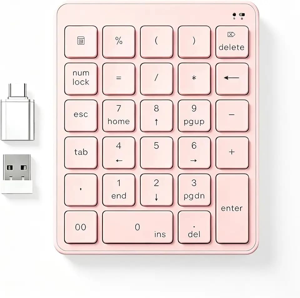 Wireless Number Pad with USB to USB-C Adapter, Numeric Keypad Numpad 28 Keys Portable 2.4 GHz Accounting Number Keyboard, 10 Key USB Keypad for Laptop, PC, Desktop, Surface Pro, Notebook - Pink