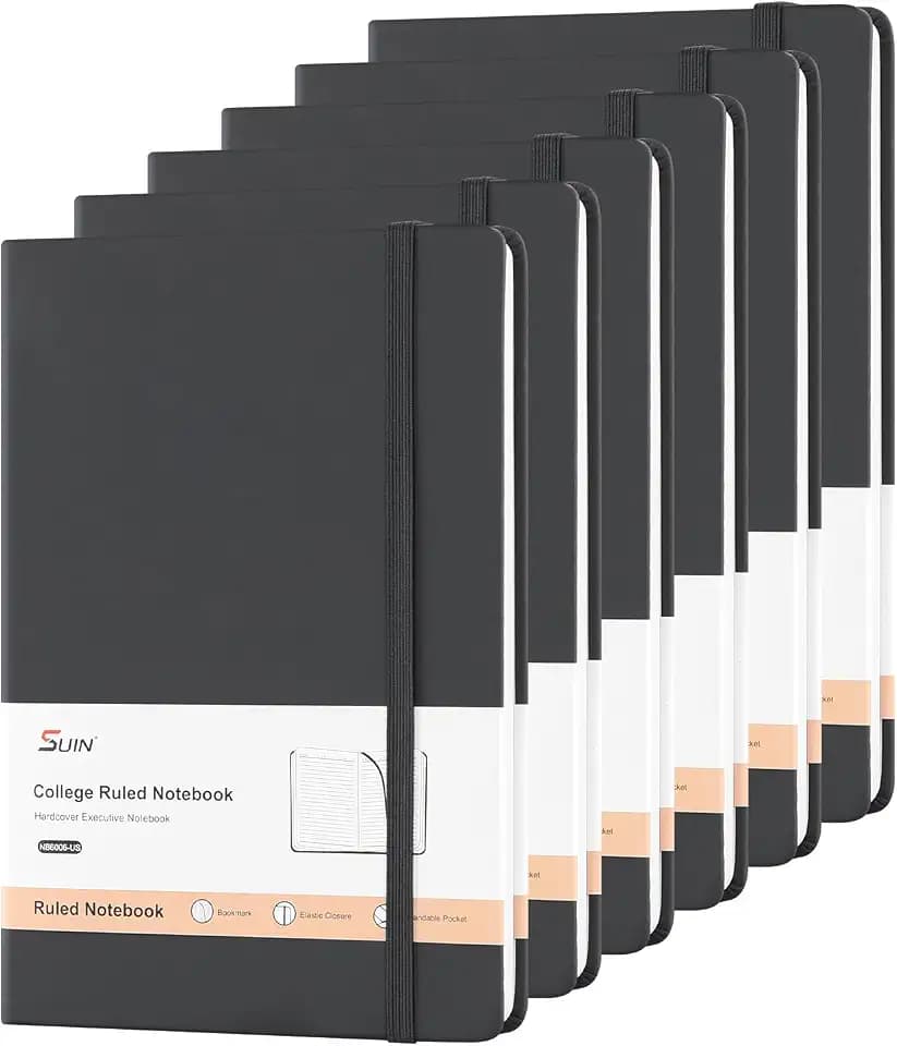 SUIN A5 Hardcover Lined Notebooks, Black, 6 Pack, 200 Pages Each