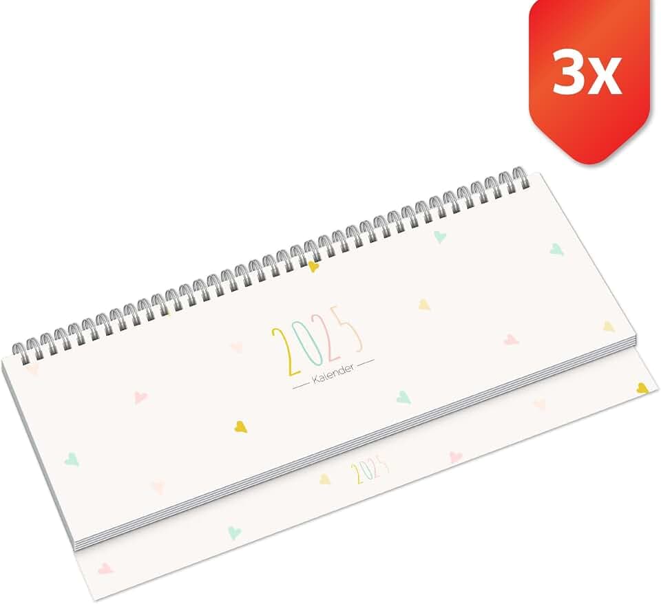 PRIMUS PRINT Tischkalender 2025 Quer Wochenkalender – 112 Seiten Terminkalender und Jahreskalender, – 297x130mm, 75g Naturpapier, Drahtkammbindung, Feiertage und Schulferien - [3er Set - Herz]
