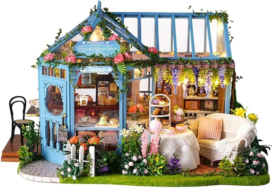DIY Miniatur Haus Bausatz für Erwachsene,Puppenhaus Gewächshaus mit LED Licht,3D Puzzle Buchstütze aus Holz Modellbausatz Bastelset Bücherregal Deko Geschenken (Rose Garden Tea House)