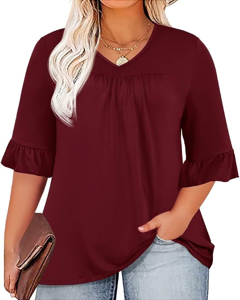 Micoson Women's Plus Size V Neck 3/4 Sleeve Ruffle Tunic Top, 1X-5X
