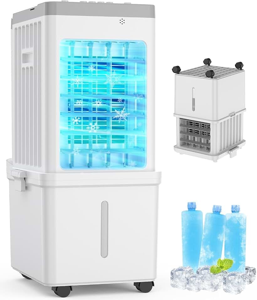 Mobile Klimaanlage, Verdunstungskühler,3-in-1 Luftkühler, 12L Wassertank, 3 Kühlakkus, 70W Energiesparend, 3 Geschwindigkeiten, Platzsparendes Design, Für Zuhause, Büro, Haustierfreundlich