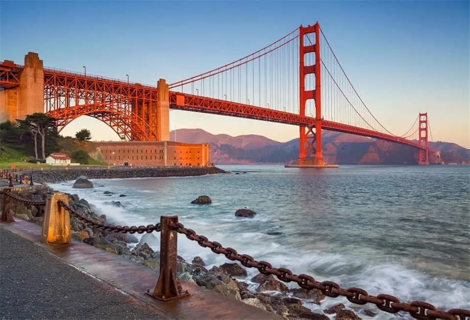 AOFOTO 10x7ft Golden Gate Bridge Backdrop River Mountains Sunset San Francisco California Tourist Attractions Scenic Spots Photography Background Video Display Vinyl Photo Booth Prop