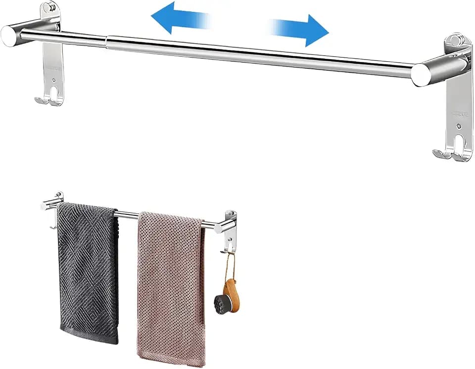 Amexo Handtuchstange Edelstahl Ausziehbar 43–75cm, Handtuchhalter mit Haken Schrauben Kleber, Silber Wandmontage Badetuchhalter Handtuch Halterung für Badezimmer Küche