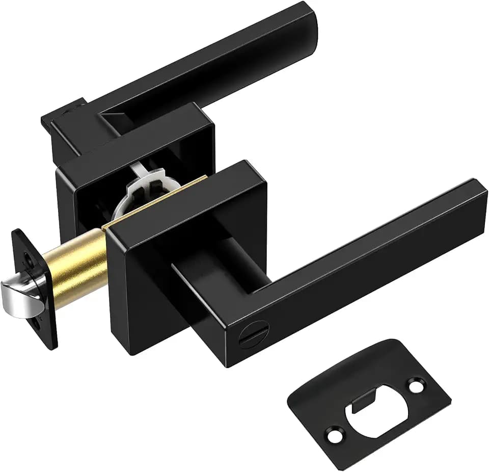 TICONN 1PK Matte Black Door Handles Interior, Reversible Square Door Levers Knob for Hallway, Bedroom, Bathroom (with Lock, 1PK Privacy)