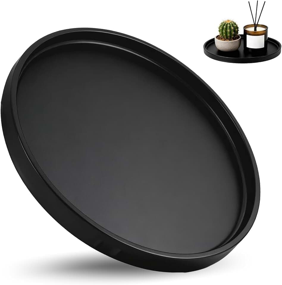 Rundes Deko Tablett Schwarz 25cm, Metall Dekotablett Kerzenteller, Tischdeko für Esstisch Couchtisch, Dekoteller Kerzenhalter für Wohnzimmer Bad Küche