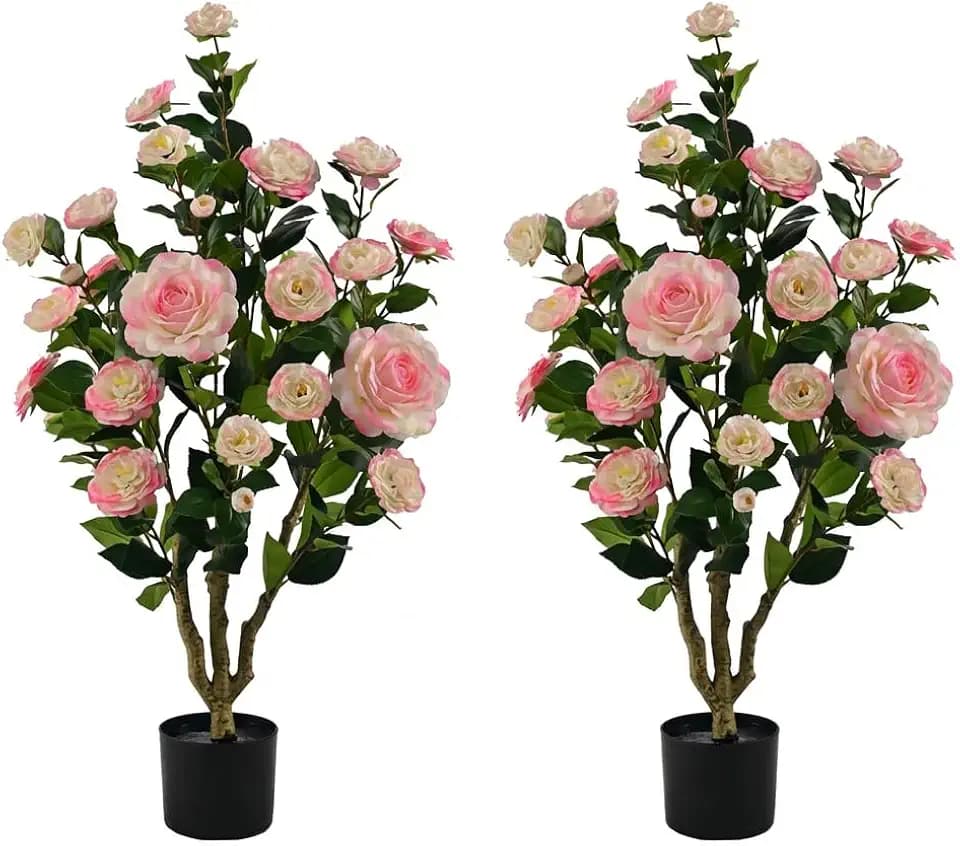 Artificial Camellia Plant in Black Pot - 36 “ Faux Spring Flower Tree with Realistic Camellia Flower, Fake Flower Tree Perfect for Home Decor, Office Indoor/Outdoor Use (Pink)