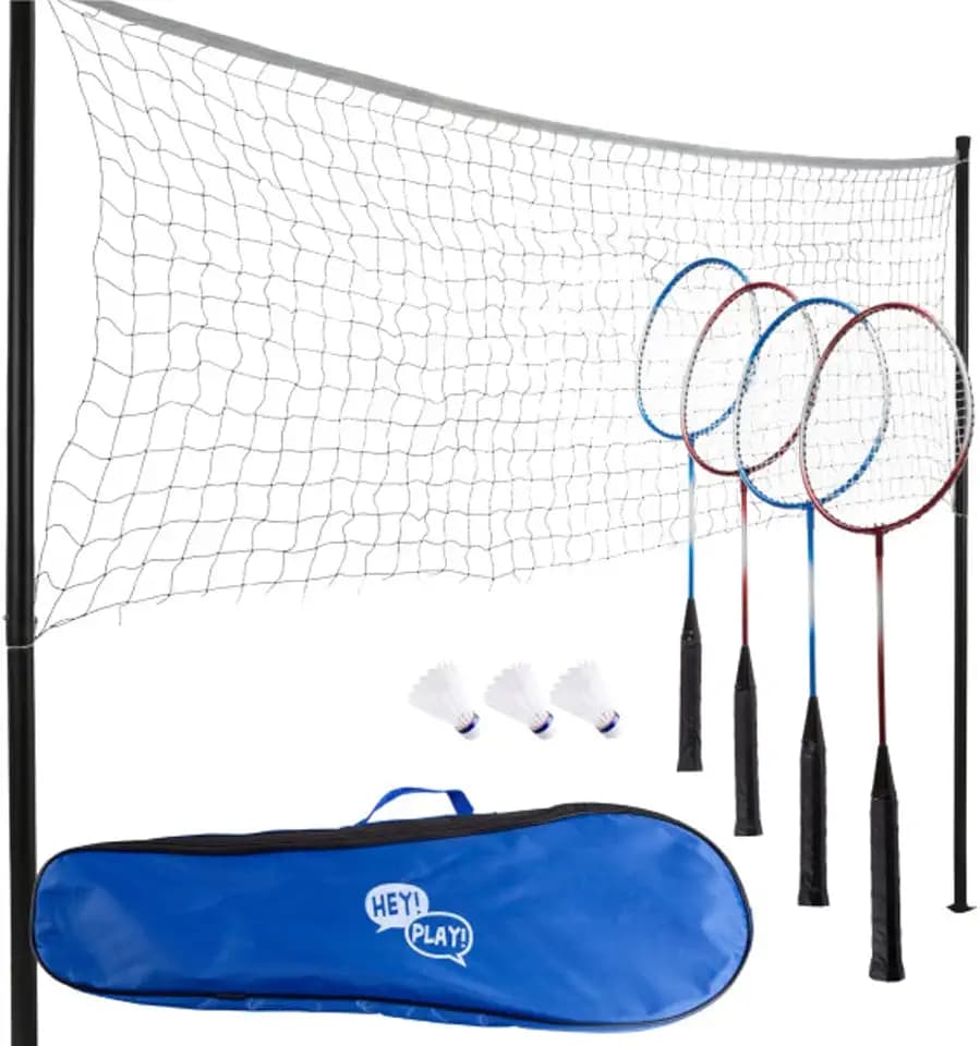 Badminton Set - Backyard Games Include 4 Badminton Rackets, 3 Birdies, Regulation-Size Net with Pole Stakes and Carry Bag - Outdoor Sports by Hey Play
