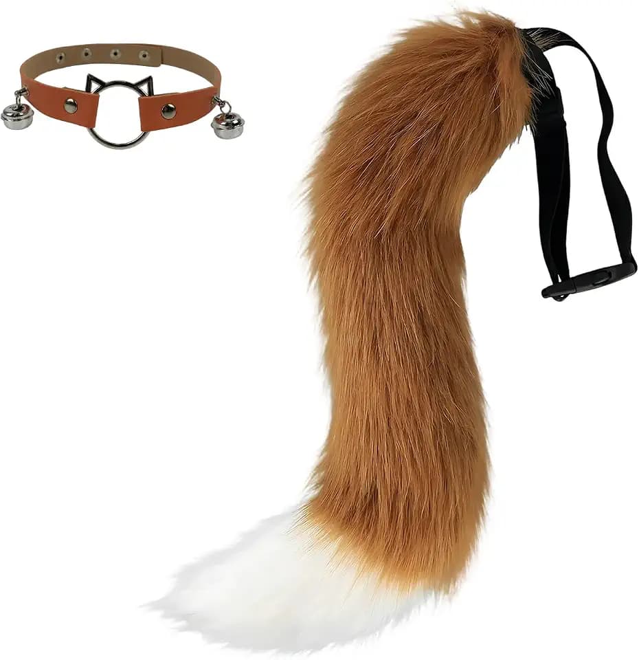Xerteam Fox Kostüm Zubehör Set, Super Riesiger Flauschiger Fuchspelzschwanz Fuchs Kragen mit Glocke, Einstellbare Größe für Mann Frau, Tier Kostüm für Cosplay Kostüm Party