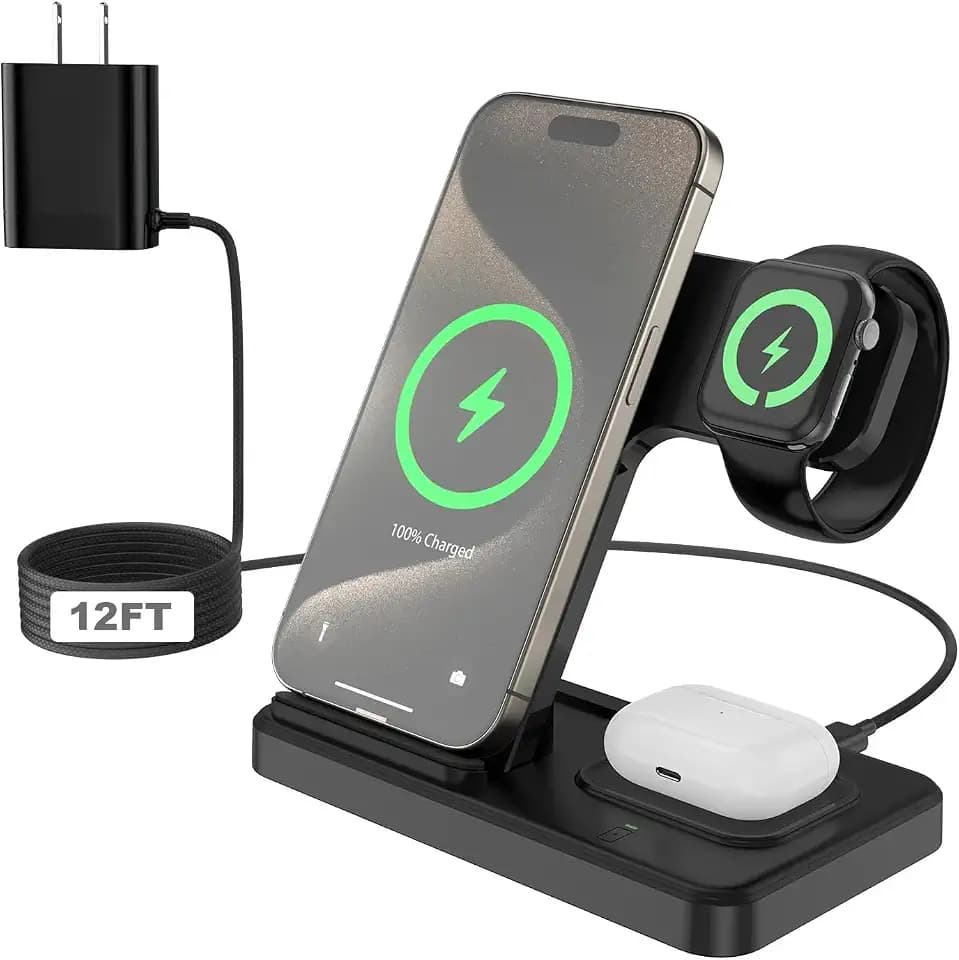3-in-1 Magnetic Wireless Charging Station for iPhone 17/16e/16/15/14/13/12/11/X, Apple Watch & AirPods, Fast Charging Stand with 12FT Cable