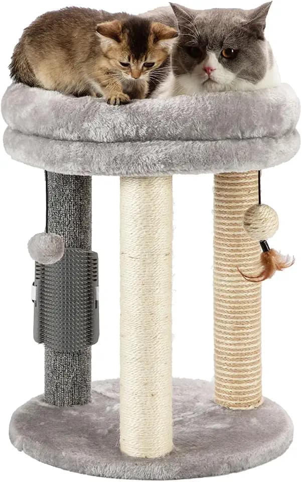 MECOOL 4in1 Small Cat Tree,Scratching Post with Tower Soft Bed, Sisal Carpet Jute Posts with Three Hanging Ball Toys and Massage Brush for Indoor Cats and Kittens