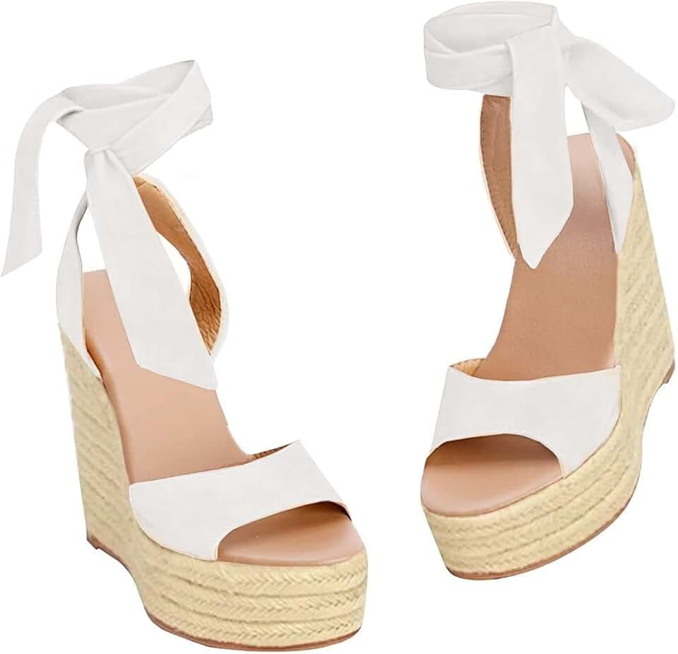 Fashare Womens Espadrilles Wedges Sandals Heels Open Toe Tie Lace Up Platform Ankle Strap Summer Dress Shoes