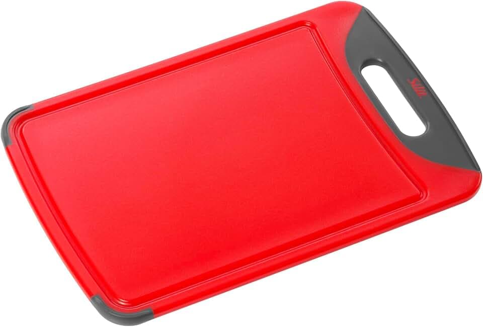 Silit Schneidebrett 38 x 25 cm rechteckig, Kunststoff, Tranchierbrett mit Saftrillen, praktischer Griff, spülmaschinengeeignet, klingenschonend, rot