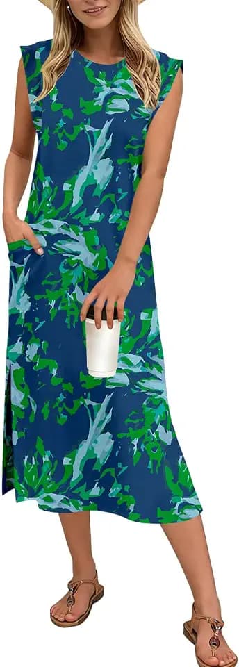 Naggoo Summer Dresses for Women 2026 Sleeveless Casual Split Midi Dress Maxi Beach Travel Vacation Sundress with Pockets