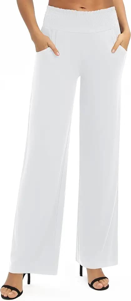 EXCHIC Damen Leichtgewicht Elastisch Hohe Taille Hose Casual Weite Bein Dehnbar Lounge Hosen mit Taschen