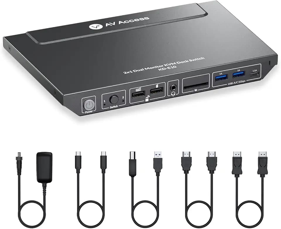 AV Access Dockingstation mit KVM Switch für Laptop & Desktop, 100W Aufladung, 4K@60Hz Dual Monitor HDMI, 3xUSB 3.0, USB-C, 1G Ethernet, EDID Support, SD, 3.5mm AUX Audio, Fast Switch 2 Computer