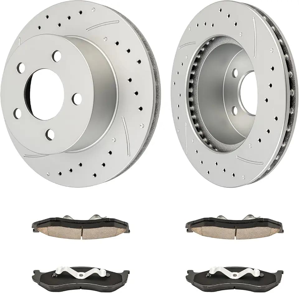 Drilled and Slotted Front Brake Kit Rotors Ceramic Brake Pads for Jeep 1990-1995 1997-1999 Wrangler, Jeep 1993-1999 Cherokee, Jeep 1993-1998 Grand Cherokee,Jeep 1990-1992 Cherokee 4.0L,(11.02”, 280mm)