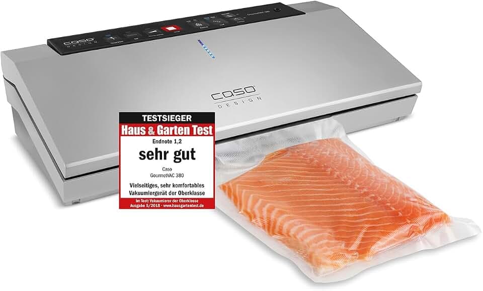 CASO GourmetVAC 380 - Vakuumierer, Vakuumiergerät, inkl. 10 Beutel 20x30 | Testsieger Haus & Garten Test , doppelte Schweißnaht, Kolbenpumpe (15L/min), regulierbare Vakuumstärke & Schweißzeit