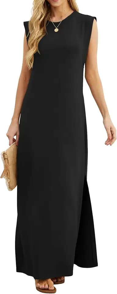 GRECERELLE Damen Sommer Maxikleid lässig Hemdkleider Elegante Stile ärmellos Maxikleider für Damen mit Schlitz und Taschen