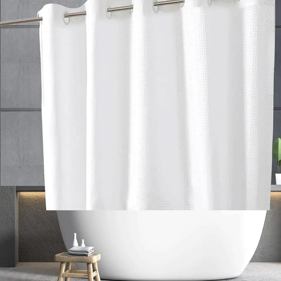 Short Shower Curtain 60 inch, White Waffle Bathroom Window Curtain for Step in Tub or Walkin Tub, Waterproof Fabric Shower Curtain with No Hooks 71x60''