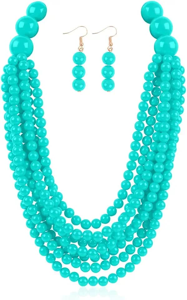 RIAH FASHION Multi Beaded Bubble Statement Necklace - Round Ball Chunky Drape Bib Collar Marbled, 7 Layer Long