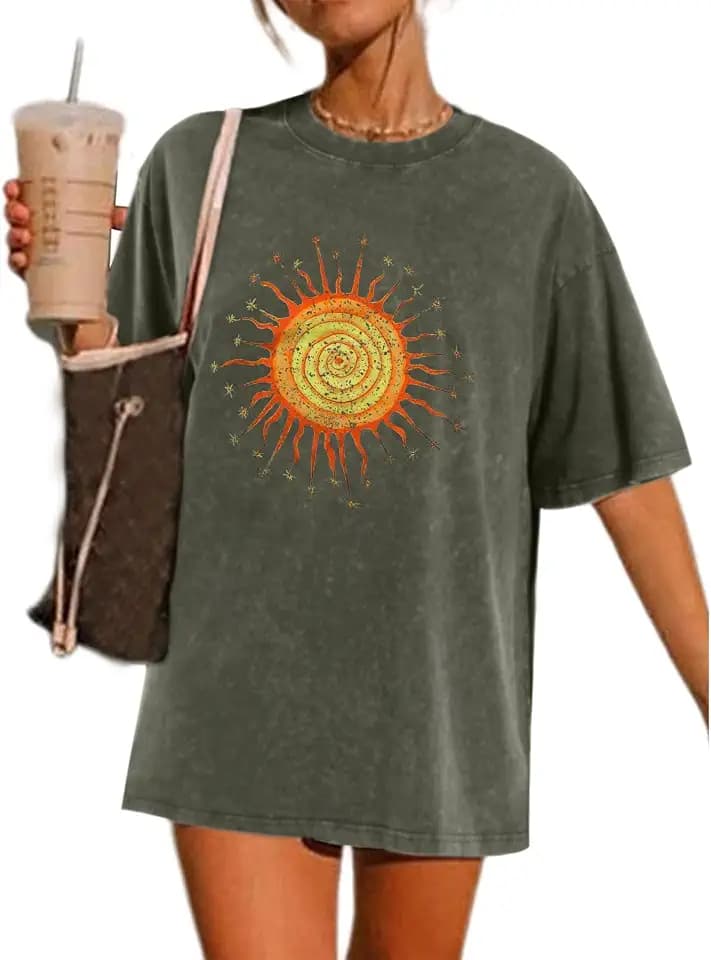 Wrenpies Vintage Oversized Sun Aesthetic Graphic Tees Distressed Band T Shirts for Women Boyfriend Baggy Casual Shirt Tops