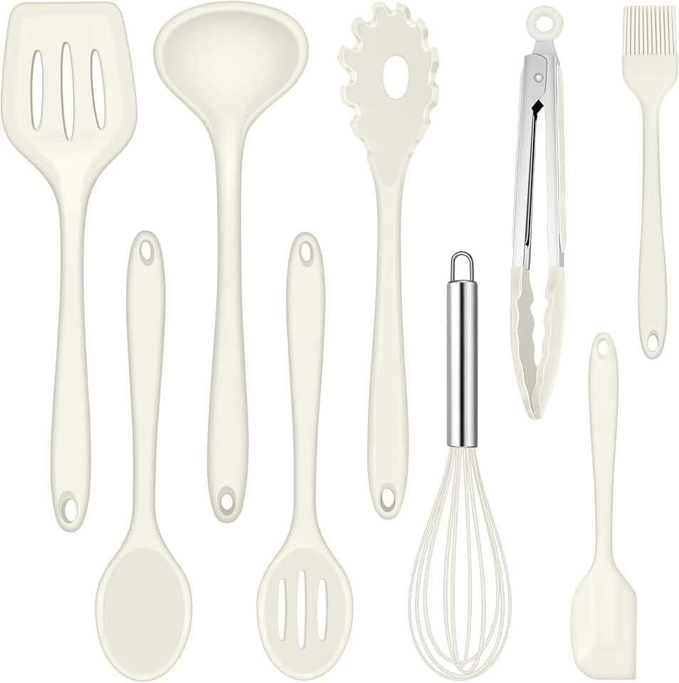 Joyfair Küchenhelfer Set, 9 Stück Küchenutensilien Silikon, Hitzebeständiges Kochutensilien Kochgeschirr Set mit Pfannenwender Schneebesen Grillzange, Antihaft Kochbesteck zum Kochen & Backen - Weiß