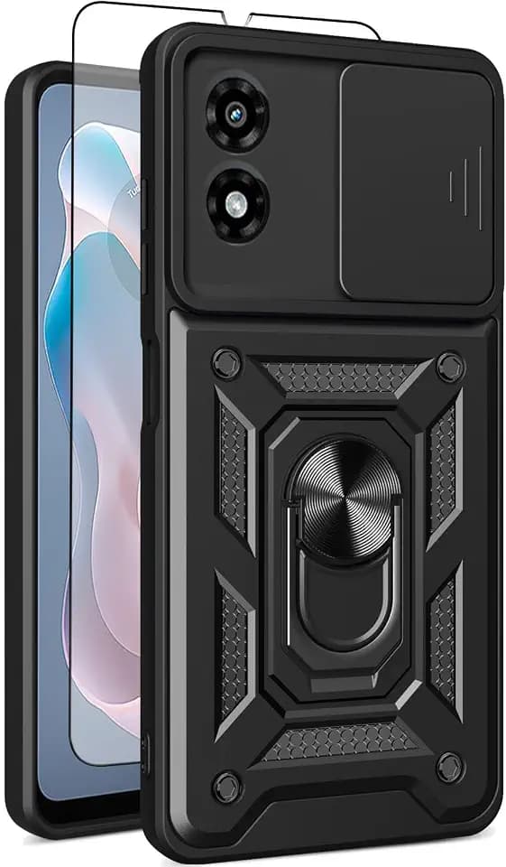 for Motorola Moto G-Play 2024 Case: with Screen Protector,Sliding Camera Cover and Multi-Angle Stand for Phone Cover Moto g-Play 2024 4G,Black