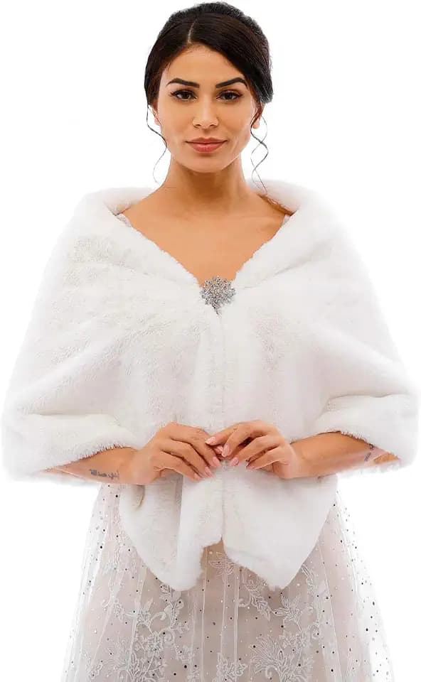 Jovono Frauen Braut Hochzeit Kunstpelz Schal Wrap Braut Pelz Schal Stola Fur Wraps und Tücher für Frauen (Weiß)