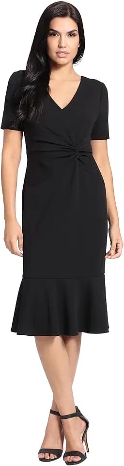London Times Women's V-Neck Dress - Flounce Hem, Twist Waist, Elegant Office & Event Wear
