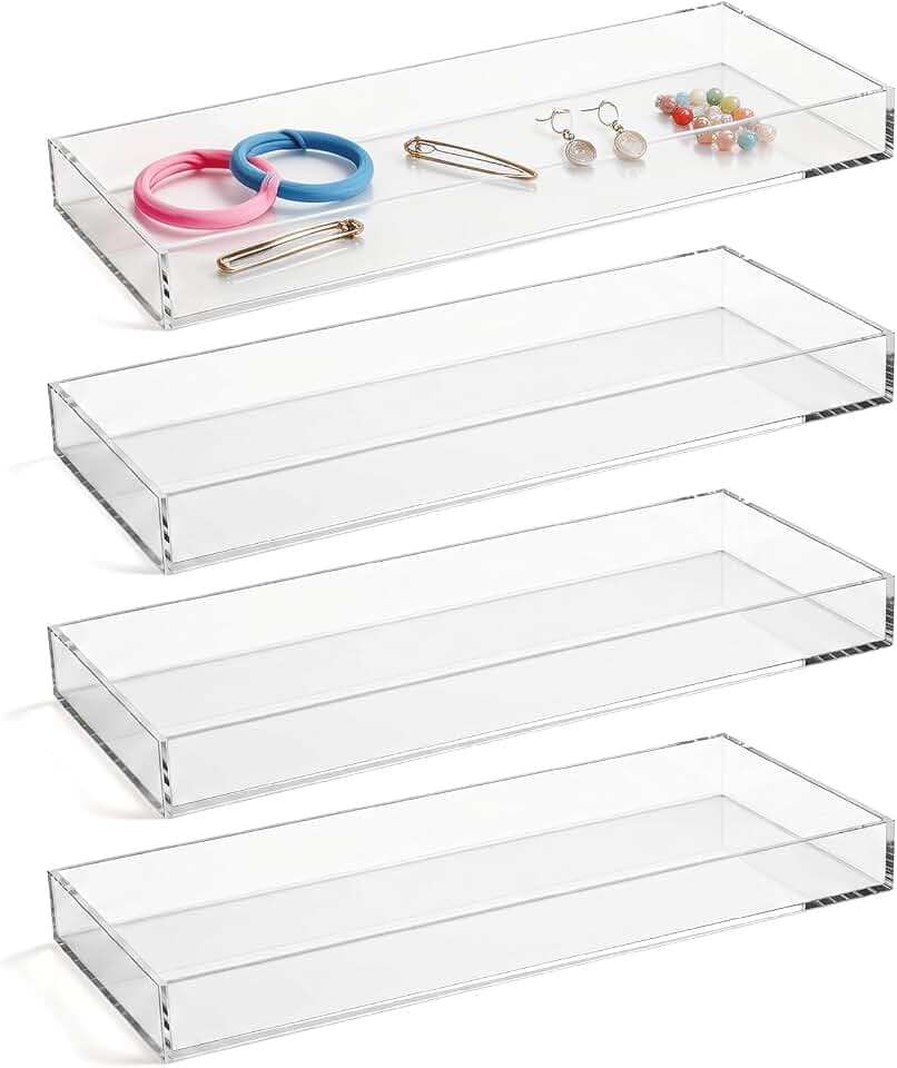 4 Pack Acrylic Bathroom Trays Clear Organizer,12 x 5.1 x 1.2 Inches
