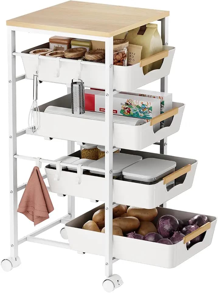 5-Tier Kitchen Storage Cart, Wood Top Rolling Cart Organizer with Pull-Out Baskets & Wheels, Metal Snack Cart with Holder for Fruit, Vegetable, Microwave, Kitchen, Pantry, White